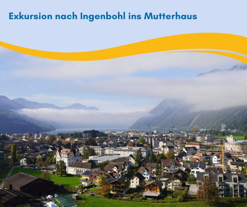 Blick auf Ingenbohl mit Bergen und dem Vierwaldstättersee im Hintergrund