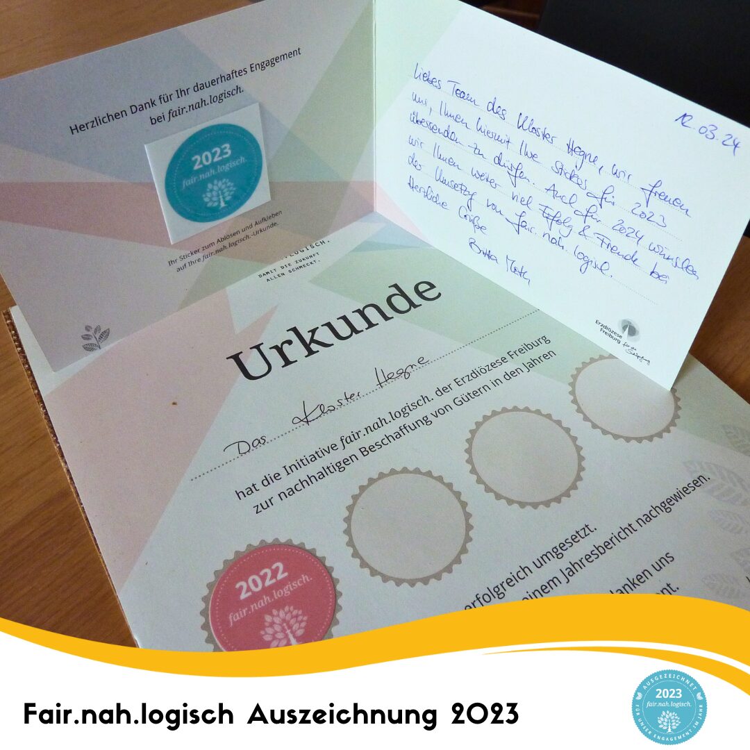 Urkunde der fair. nah. logisch-Auszeichnung mit einem Dankesbrief an das Kloster