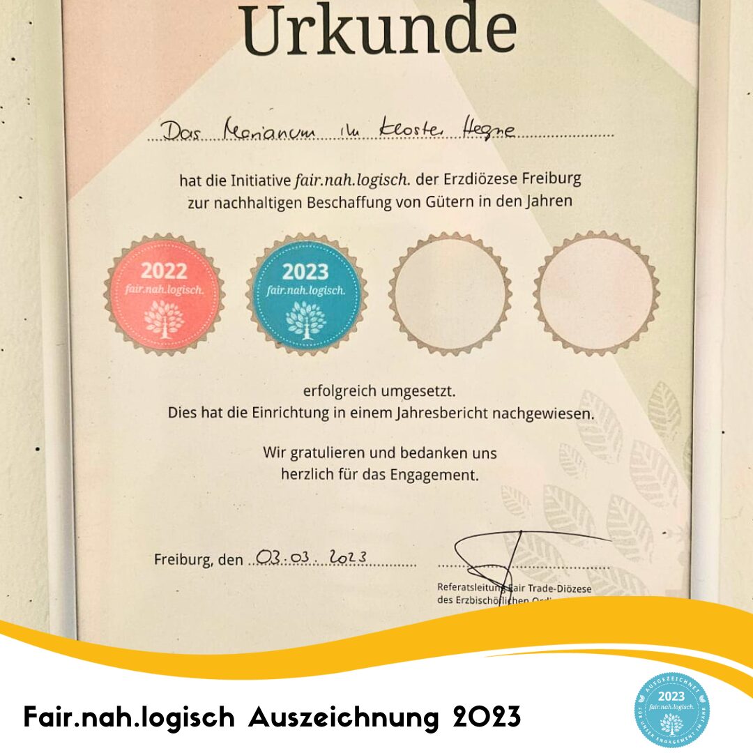 die fair. nah. logisch-Auszeichnungsurkunde mit zwei Stempel für 2022 und 2023